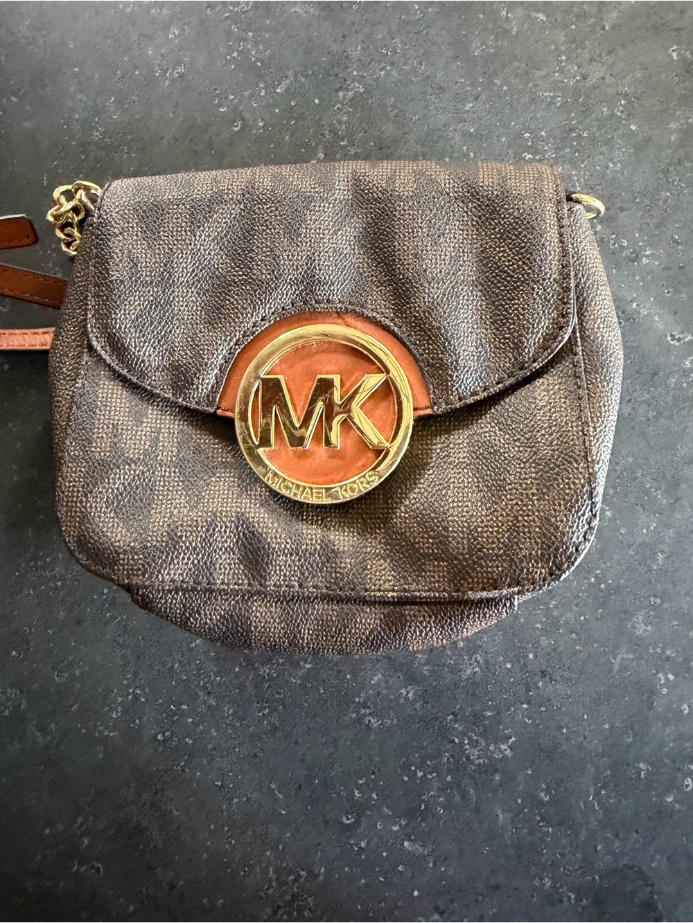 Michael Kors Brown and Gold MK Logo Crossbody Bag